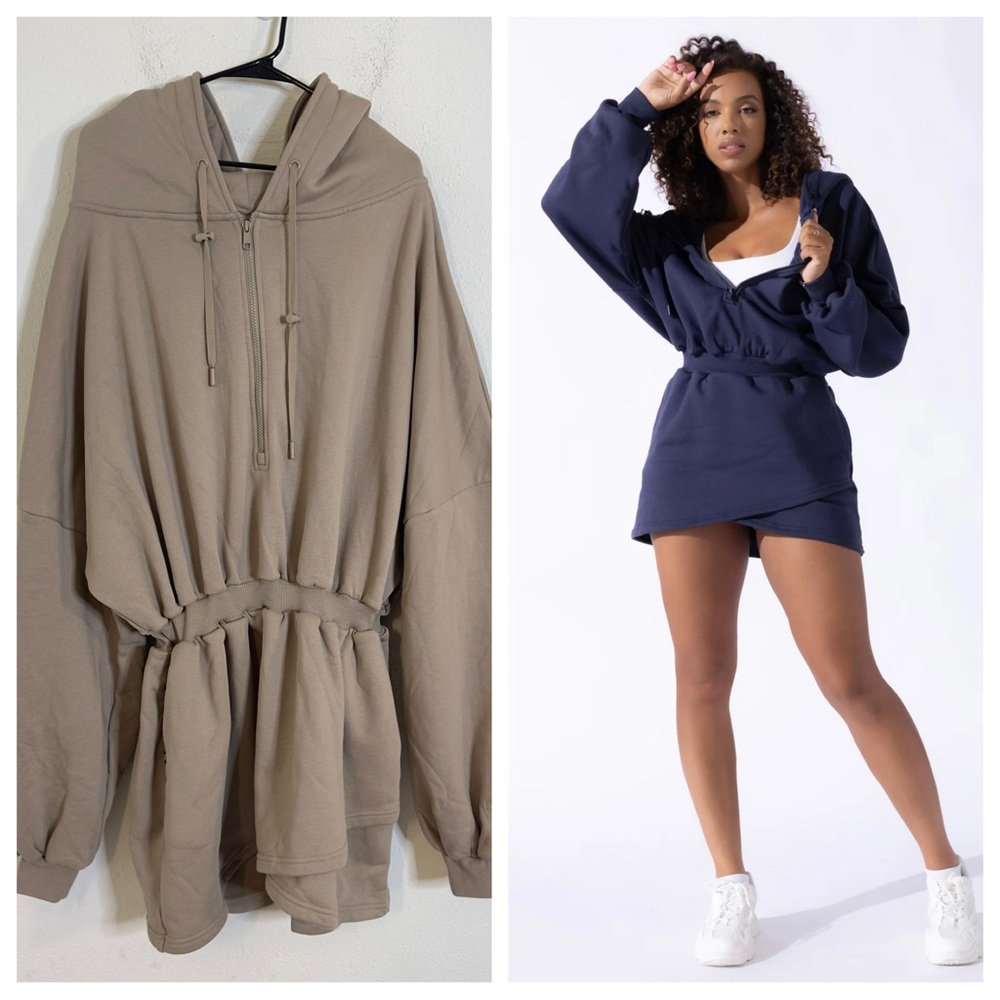 POPFLEX Hooded Drawstring Waist Dress - Taupe